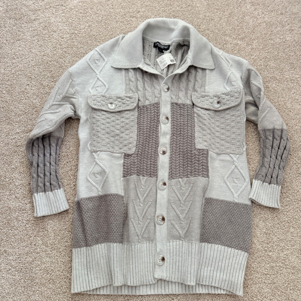 Central Park West Reese Shacket Womens XS Gray Patchwork Mixed Knit Sweater NEW